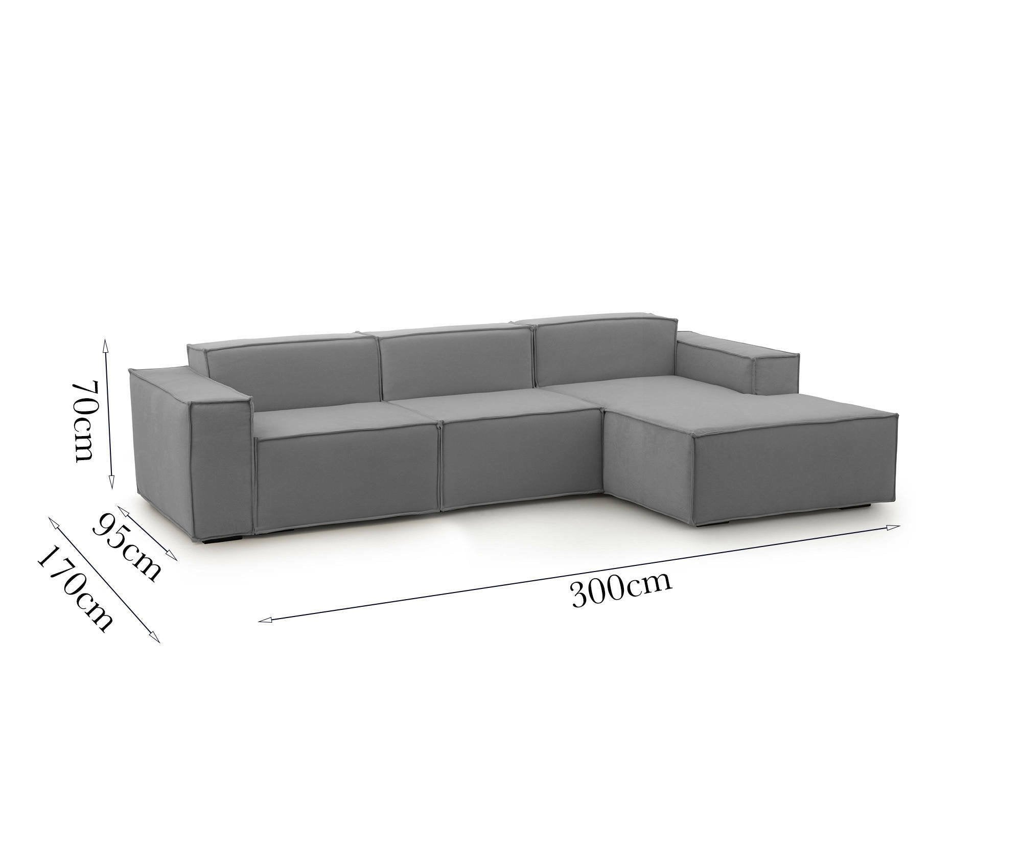 Divano fisso Ananas, Divano componibile a 3 posti con penisola destra, Made in Italy, SofÒ  moderno in tessuto, Cm 300x170h70, Grigio