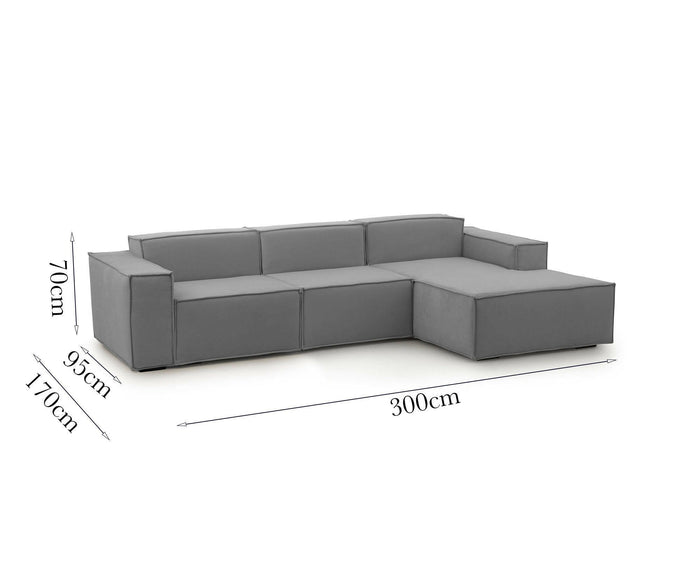 Divano fisso Ananas, Divano componibile a 3 posti con penisola destra, Made in Italy, SofÒ  moderno in tessuto, Cm 300x170h70, Grigio