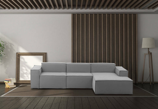 Divano fisso Ananas, Divano componibile a 3 posti con penisola destra, Made in Italy, SofÒ  moderno in tessuto, Cm 300x170h70, Grigio