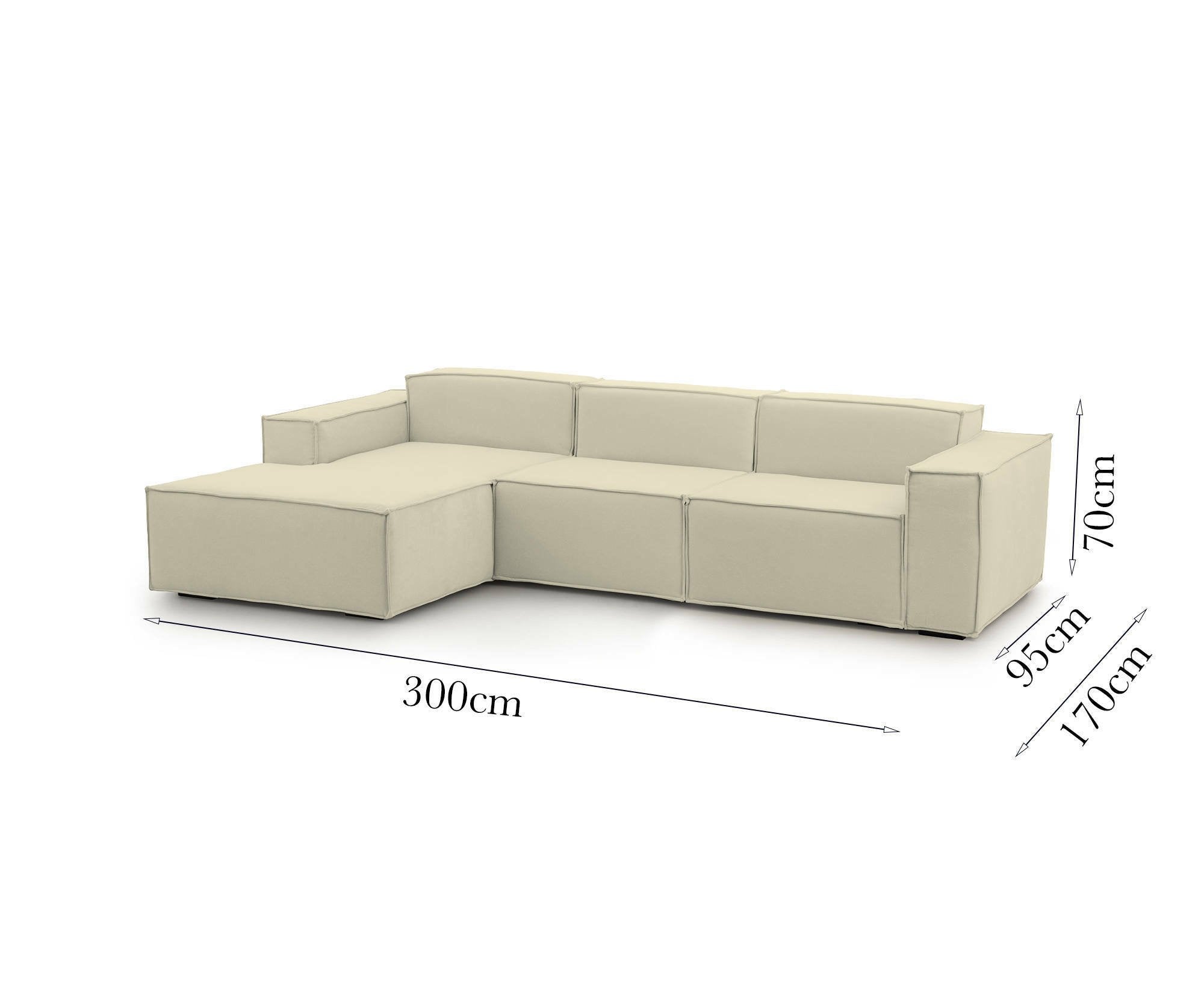 Divano fisso Alganibra, Divano componibile a 3 posti con penisola sinistra, Made in Italy, SofÒ  moderno in tessuto, Cm 300x170h70, Beige