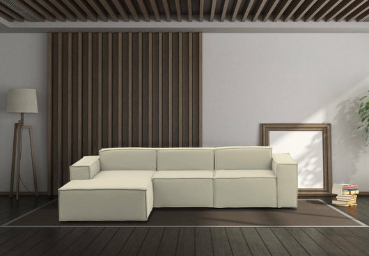 Divano fisso Alganibra, Divano componibile a 3 posti con penisola sinistra, Made in Italy, SofÒ  moderno in tessuto, Cm 300x170h70, Beige