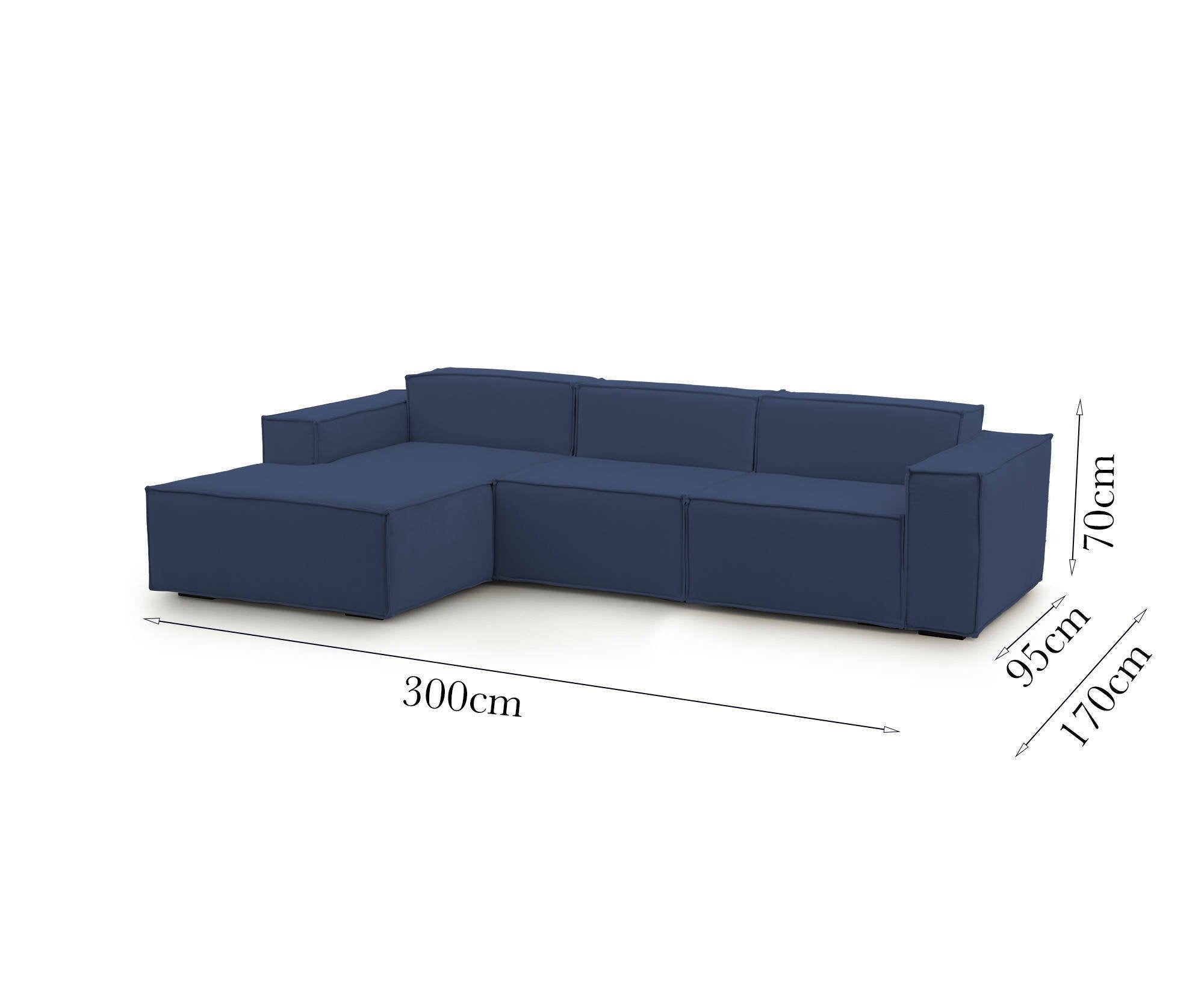 Divano fisso Alganibra, Divano componibile a 3 posti con penisola sinistra, Made in Italy, SofÒ  moderno in tessuto, Cm 300x170h70, Blu
