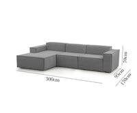 Divano fisso Alganibra, Divano componibile a 3 posti con penisola sinistra, Made in Italy, SofÒ  moderno in tessuto, Cm 300x170h70, Grigio