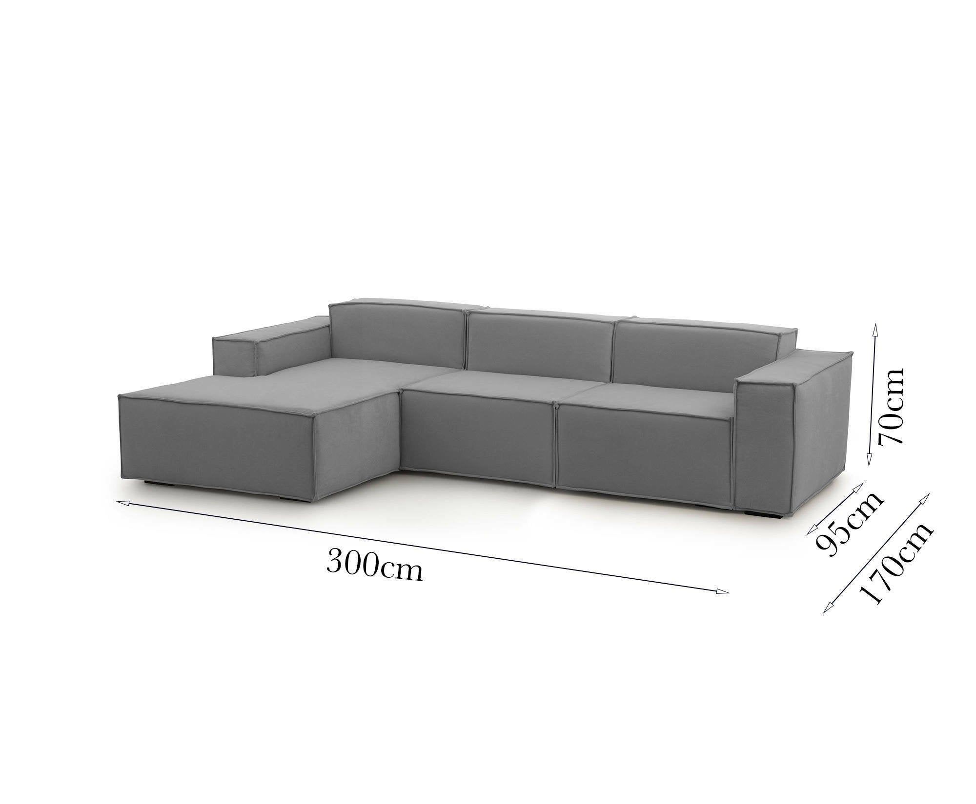 Divano fisso Alganibra, Divano componibile a 3 posti con penisola sinistra, Made in Italy, SofÒ  moderno in tessuto, Cm 300x170h70, Grigio