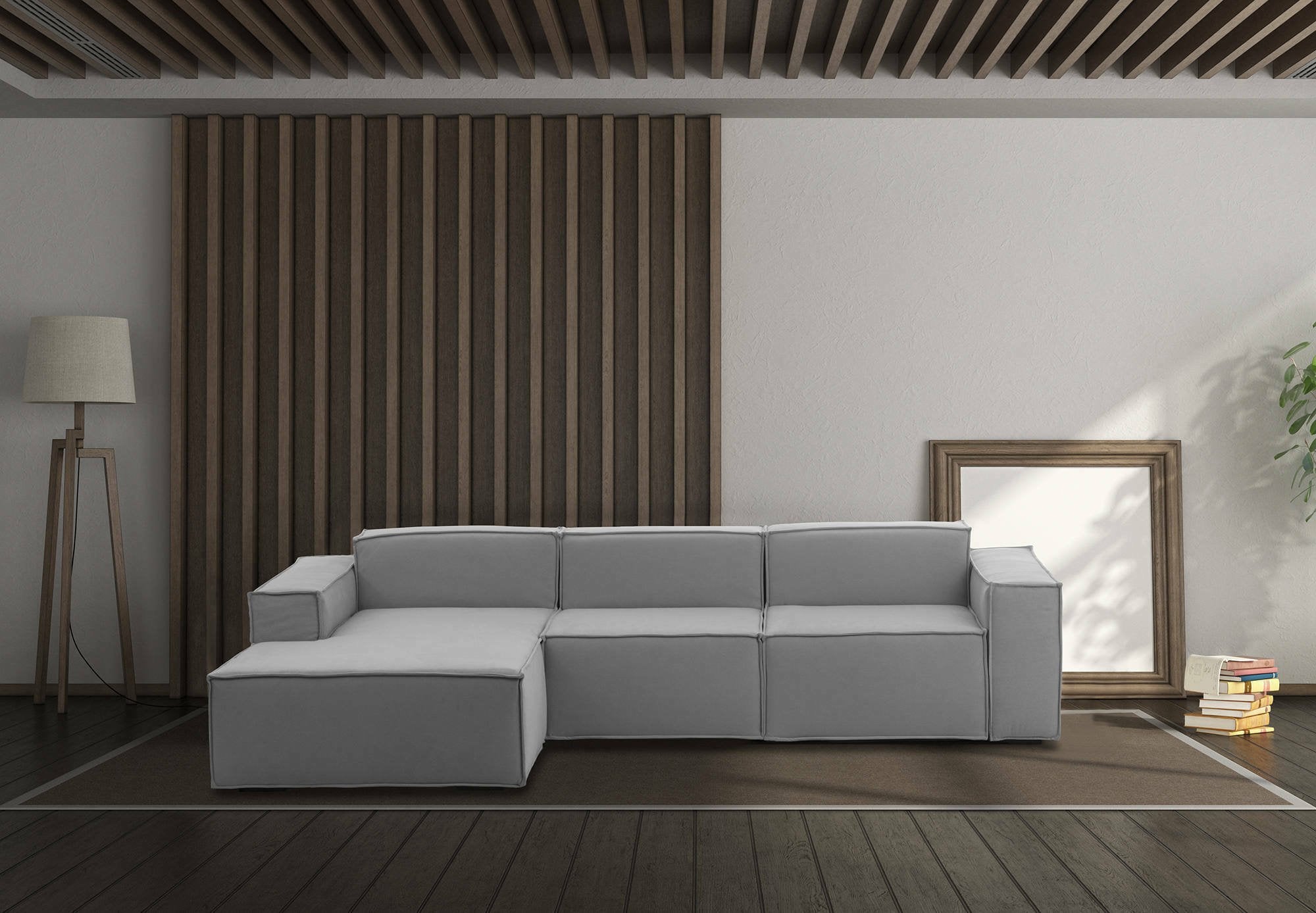 Divano fisso Alganibra, Divano componibile a 3 posti con penisola sinistra, Made in Italy, SofÒ  moderno in tessuto, Cm 300x170h70, Grigio