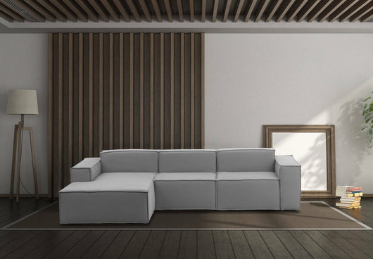 Divano fisso Alganibra, Divano componibile a 3 posti con penisola sinistra, Made in Italy, SofÒ  moderno in tessuto, Cm 300x170h70, Grigio