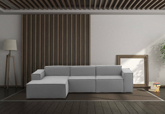 Divano fisso Alganibra, Divano componibile a 3 posti con penisola sinistra, Made in Italy, SofÒ  moderno in tessuto, Cm 300x170h70, Grigio