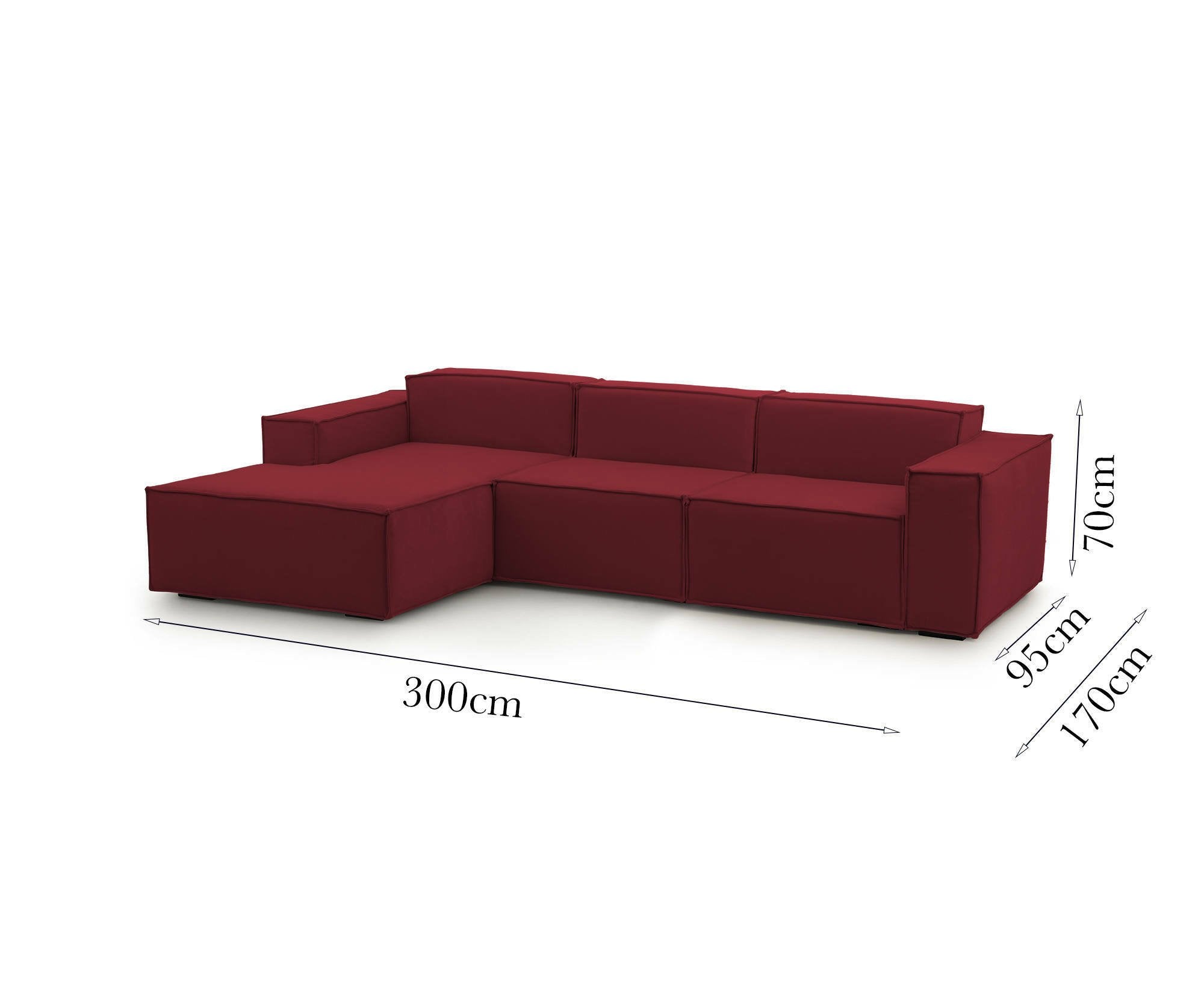 Divano fisso Alganibra, Divano componibile a 3 posti con penisola sinistra, Made in Italy, SofÒ  moderno in tessuto, Cm 300x170h70, Rosso