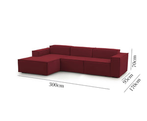 Divano fisso Alganibra, Divano componibile a 3 posti con penisola sinistra, Made in Italy, SofÒ  moderno in tessuto, Cm 300x170h70, Rosso