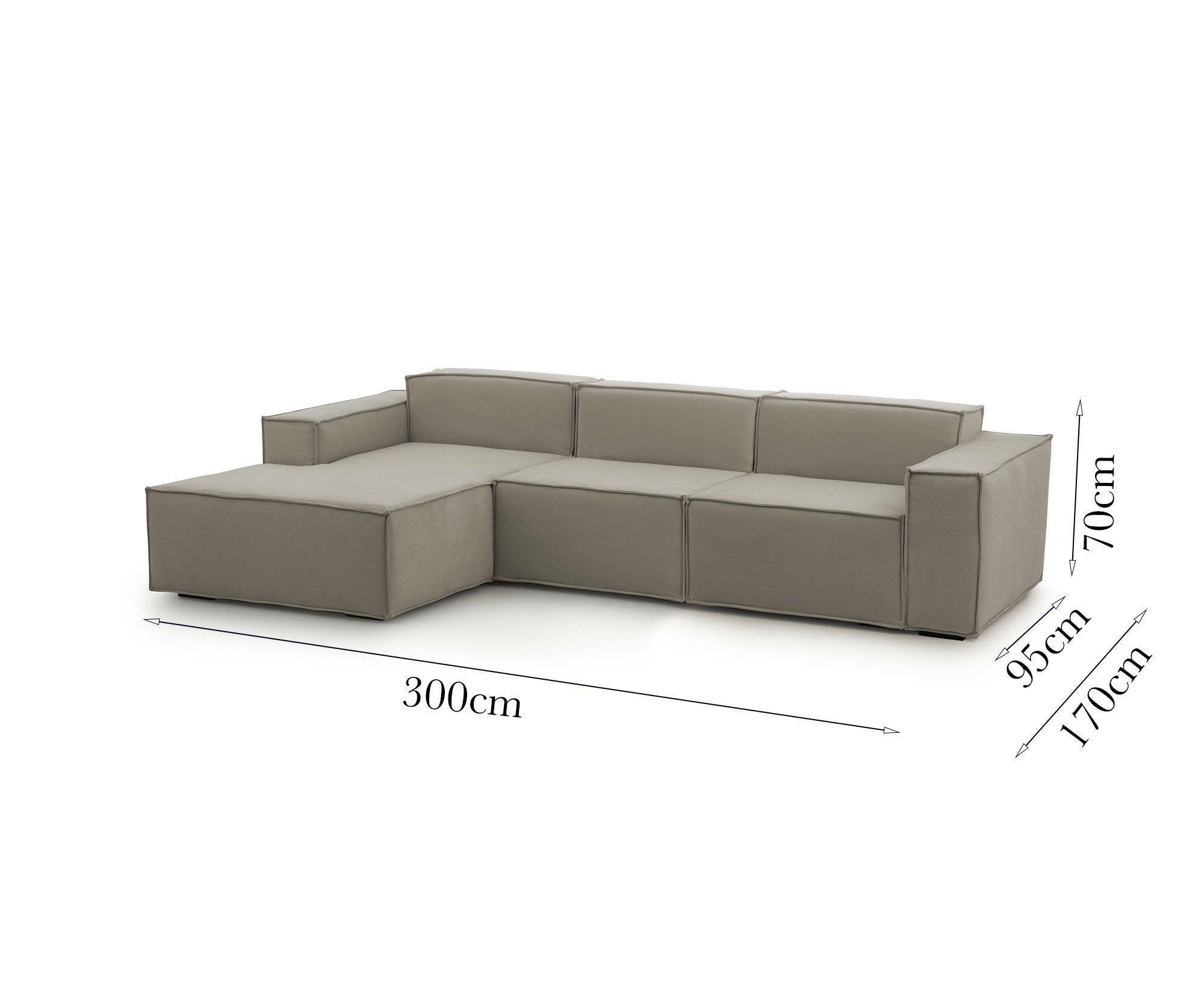 Divano fisso Alganibra, Divano componibile a 3 posti con penisola sinistra, Made in Italy, SofÒ  moderno in tessuto, Cm 300x170h70, Tortora