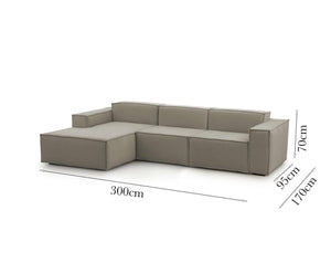 Divano fisso Alganibra, Divano componibile a 3 posti con penisola sinistra, Made in Italy, SofÒ  moderno in tessuto, Cm 300x170h70, Tortora