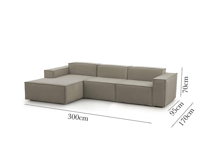 Divano fisso Alganibra, Divano componibile a 3 posti con penisola sinistra, Made in Italy, SofÒ  moderno in tessuto, Cm 300x170h70, Tortora