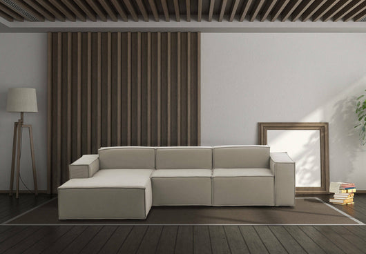 Divano fisso Alganibra, Divano componibile a 3 posti con penisola sinistra, Made in Italy, SofÒ  moderno in tessuto, Cm 300x170h70, Tortora