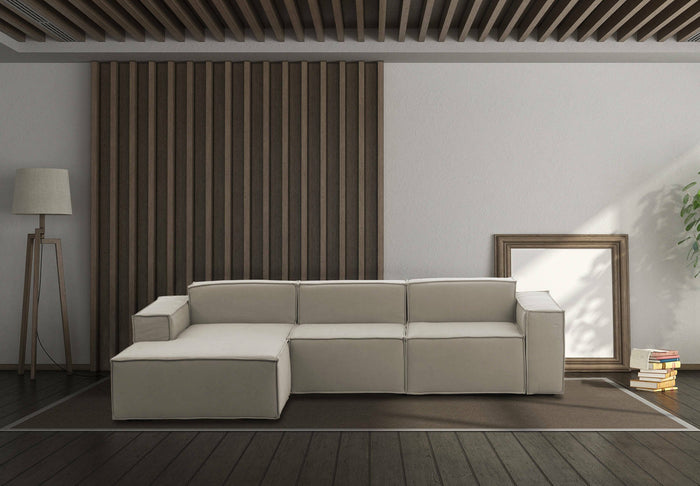 Divano fisso Alganibra, Divano componibile a 3 posti con penisola sinistra, Made in Italy, SofÒ  moderno in tessuto, Cm 300x170h70, Tortora