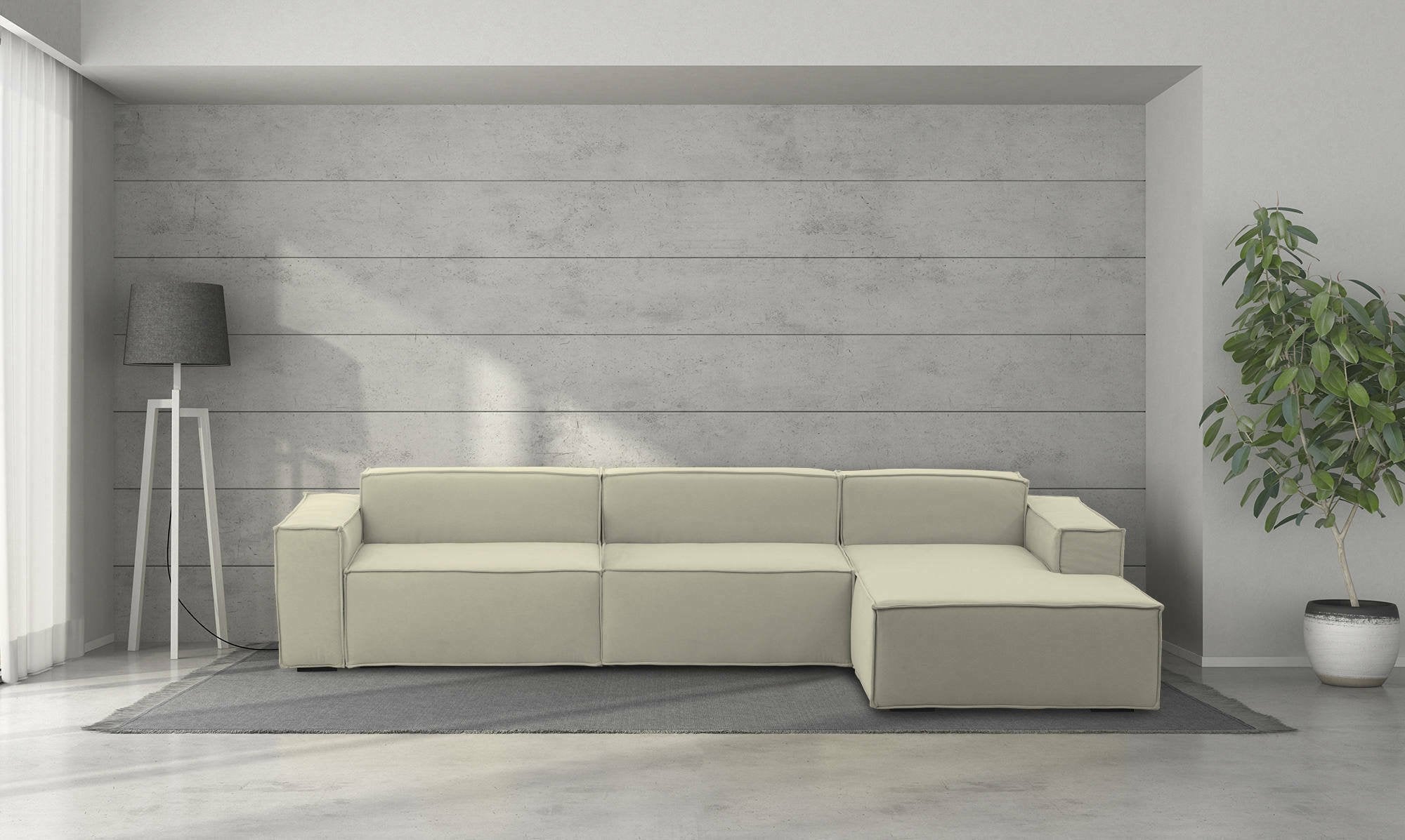 Divano fisso Asvaldo, Divano componibile a 4 posti con penisola destra, Made in Italy, SofÒ  moderno in tessuto, Cm 340x170h70, Beige