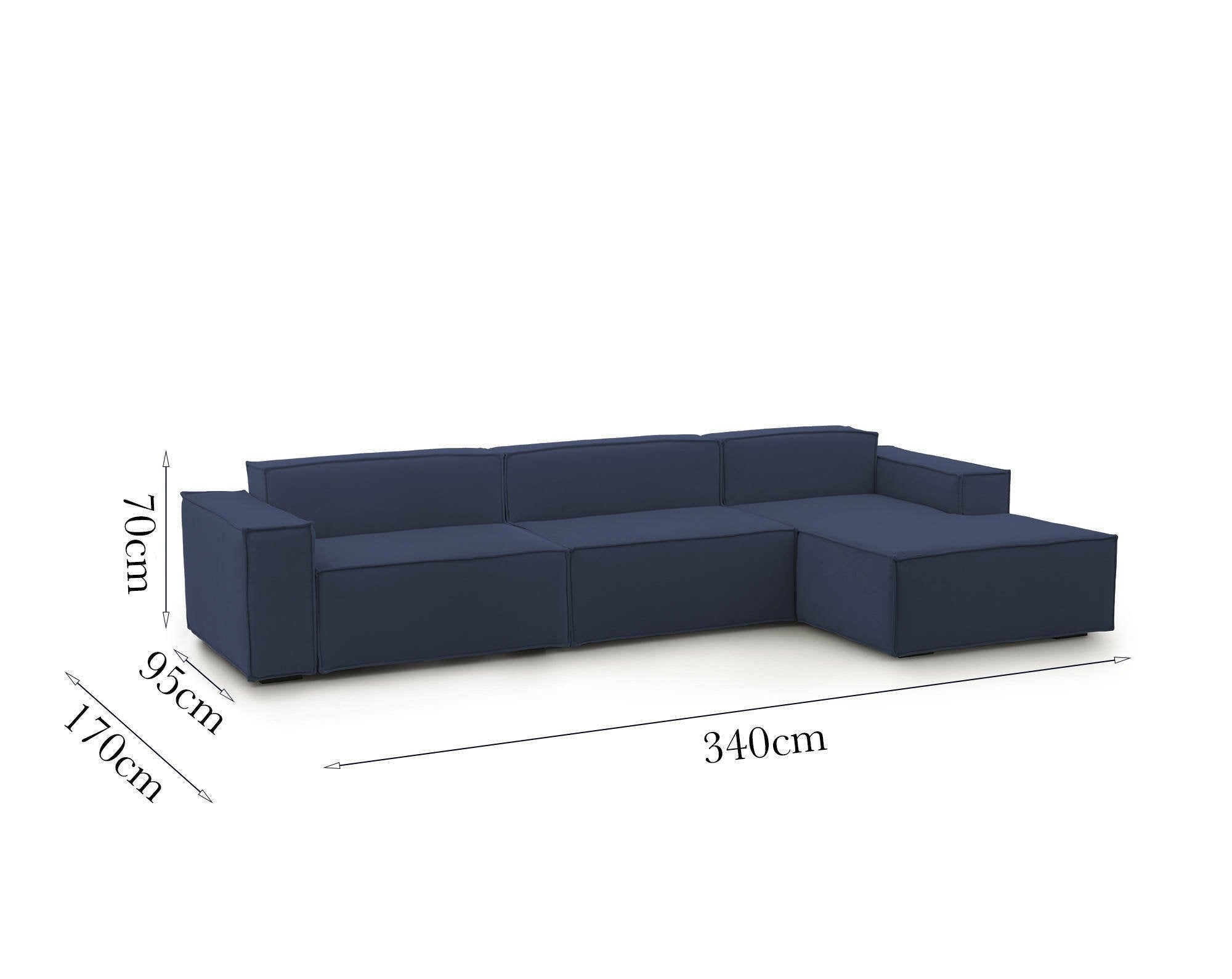 Divano fisso Asvaldo, Divano componibile a 4 posti con penisola destra, Made in Italy, SofÒ  moderno in tessuto, Cm 340x170h70, Blu