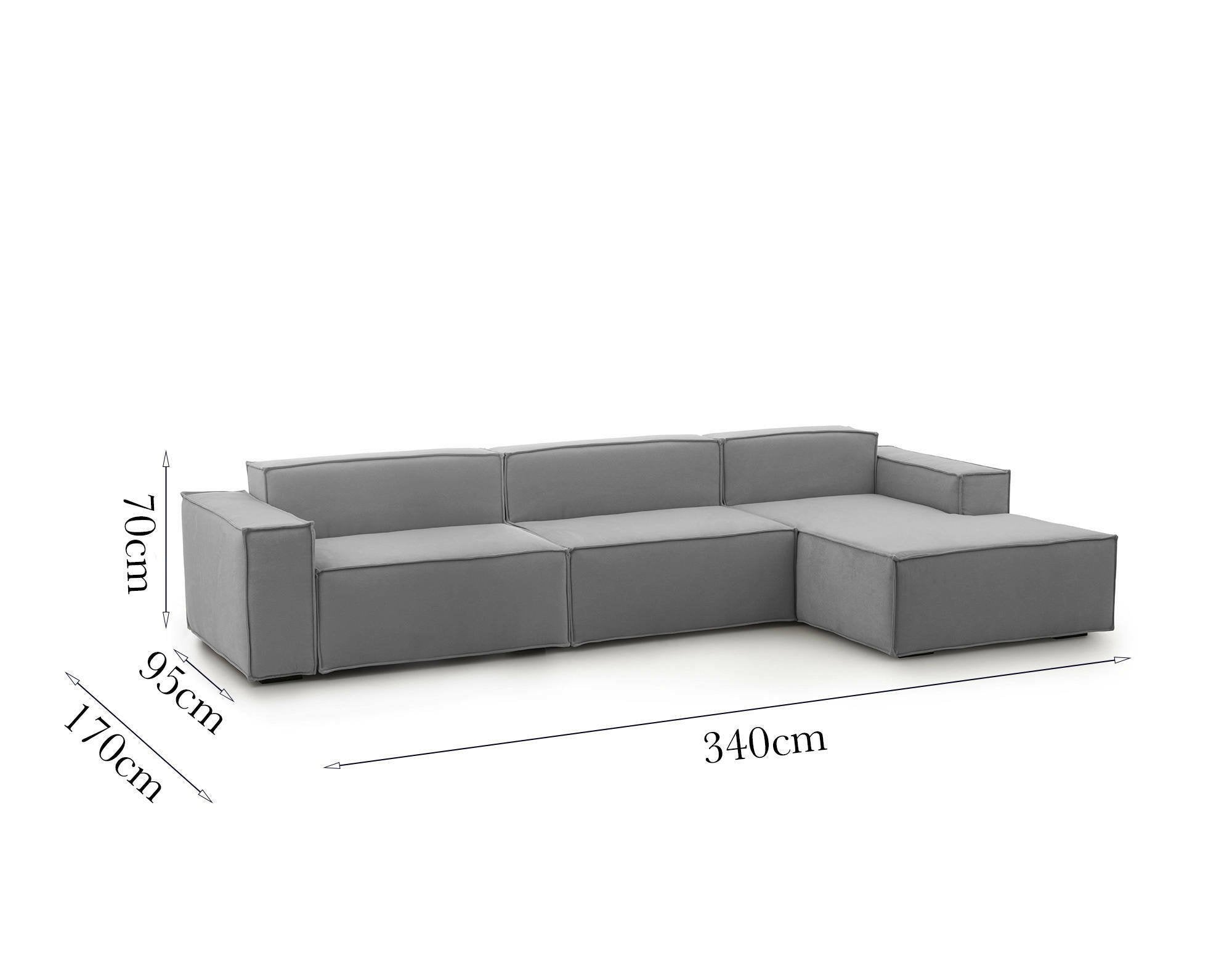Divano fisso Asvaldo, Divano componibile a 4 posti con penisola destra, Made in Italy, SofÒ  moderno in tessuto, Cm 340x170h70, Grigio