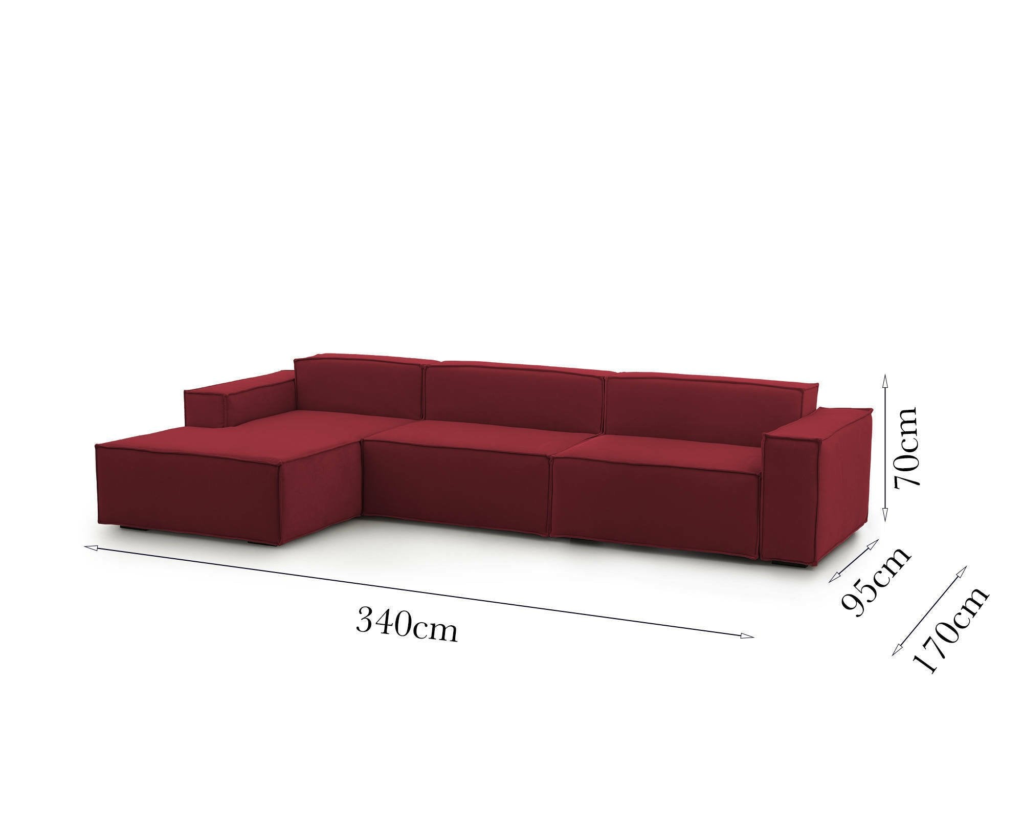 Divano fisso Atrillo, Divano componibile a 4 posti con penisola sinistra, Made in Italy, SofÒ  moderno in tessuto, Cm 340x170h70, Rosso