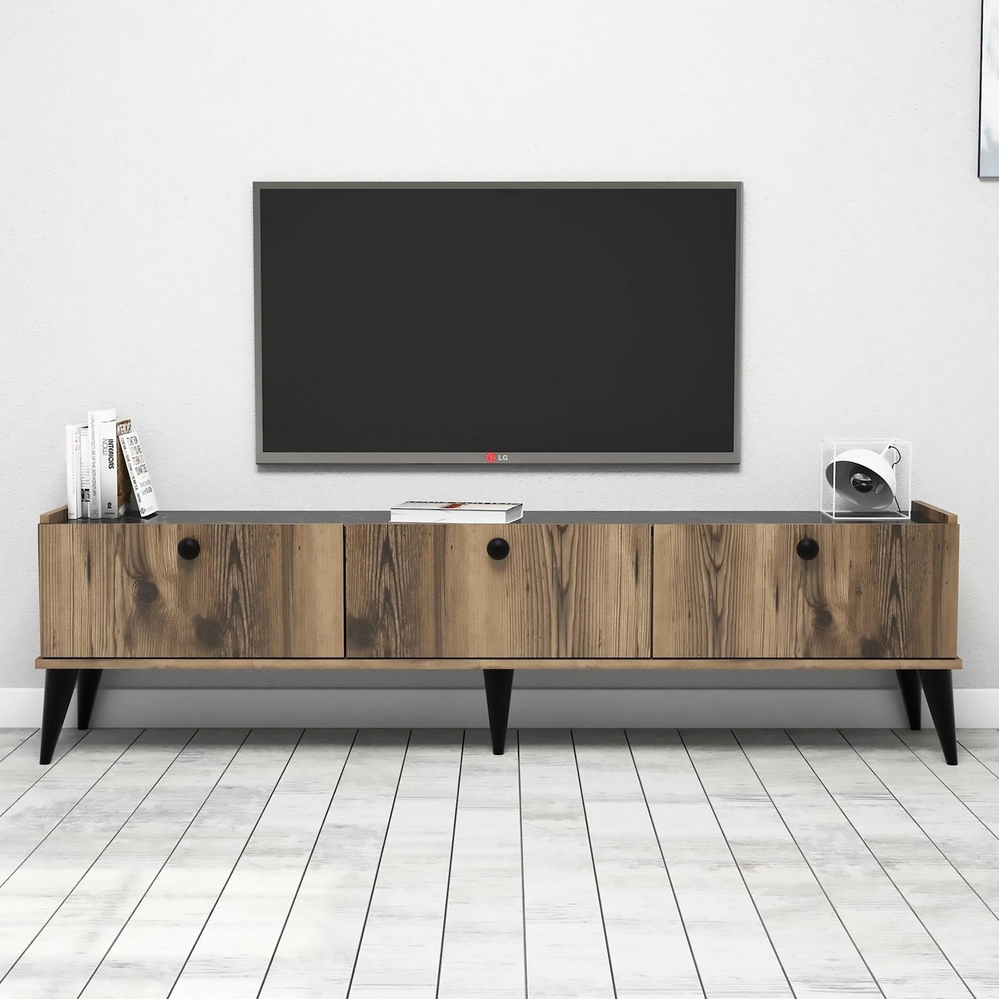 Mobile porta 0, Supporto per televisione da salotto, Credenza moderna da soggiorno, Cm 180x35h49, Quercia con effetto marmo