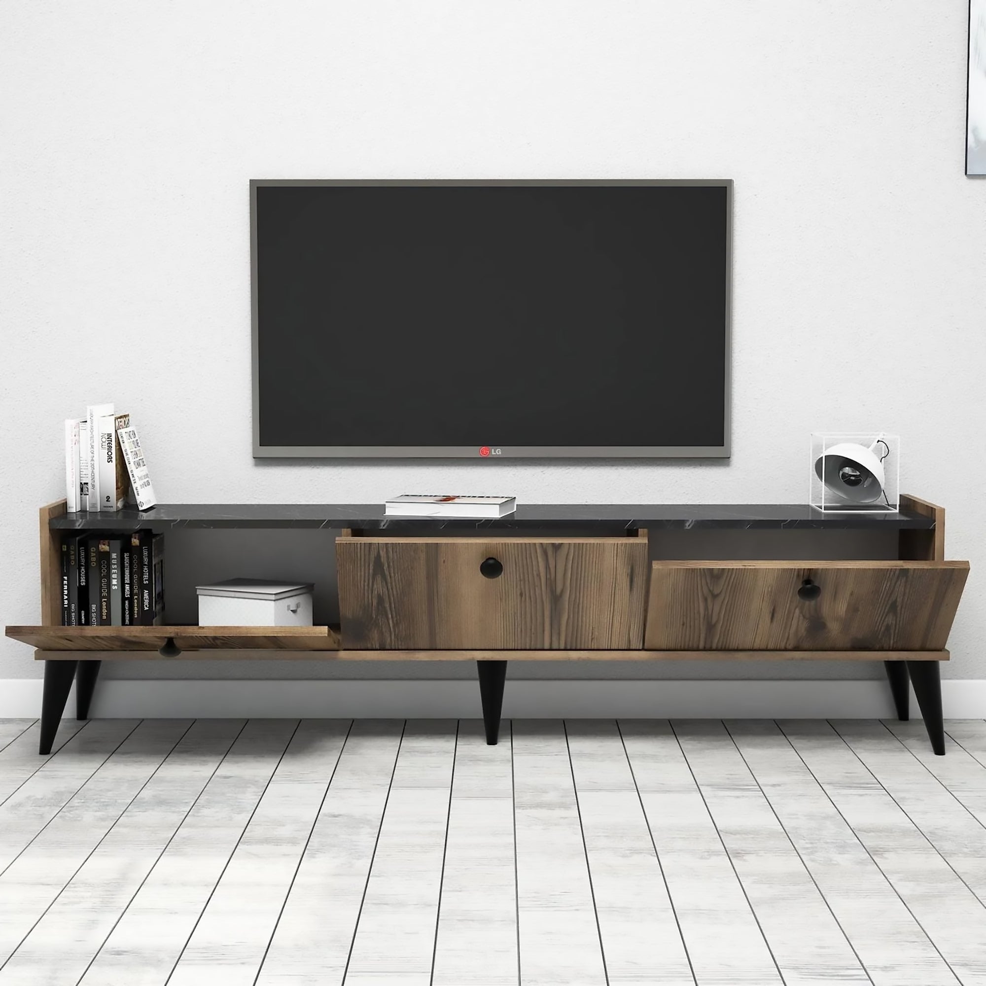 Mobile porta 0, Supporto per televisione da salotto, Credenza moderna da soggiorno, Cm 180x35h49, Quercia con effetto marmo