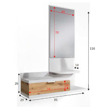 Mobile da ingresso Adina, Entratina con specchio, Mobile per atrio con cassetto, Svuotatasche per piccoli appartamenti, cm 81x29h116, Bianco e Rovere nodi