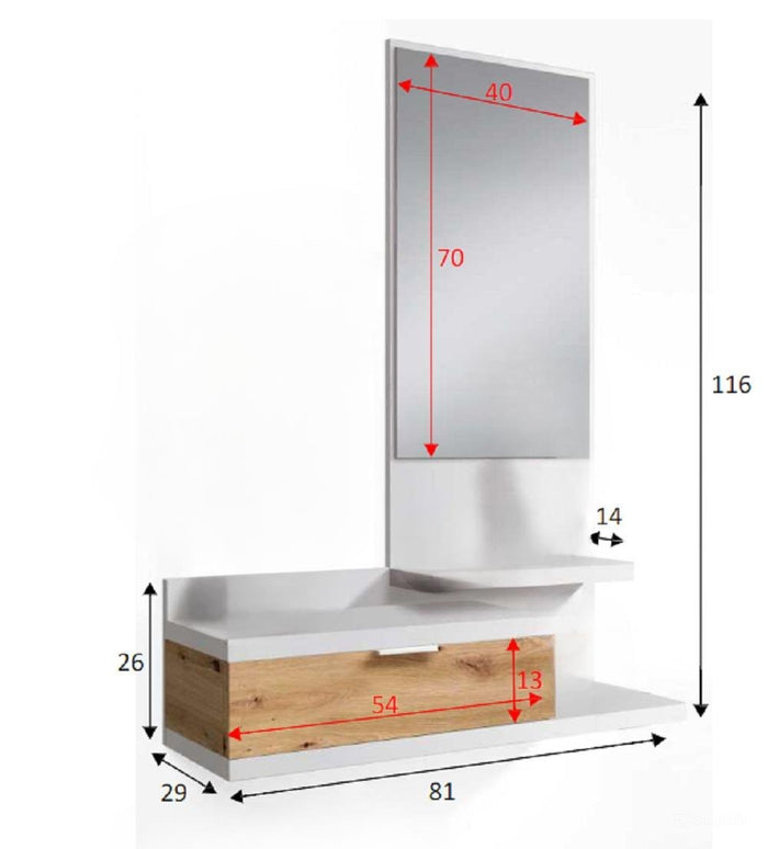 Mobile da ingresso Adina, Entratina con specchio, Mobile per atrio con cassetto, Svuotatasche per piccoli appartamenti, cm 81x29h116, Bianco e Rovere nodi
