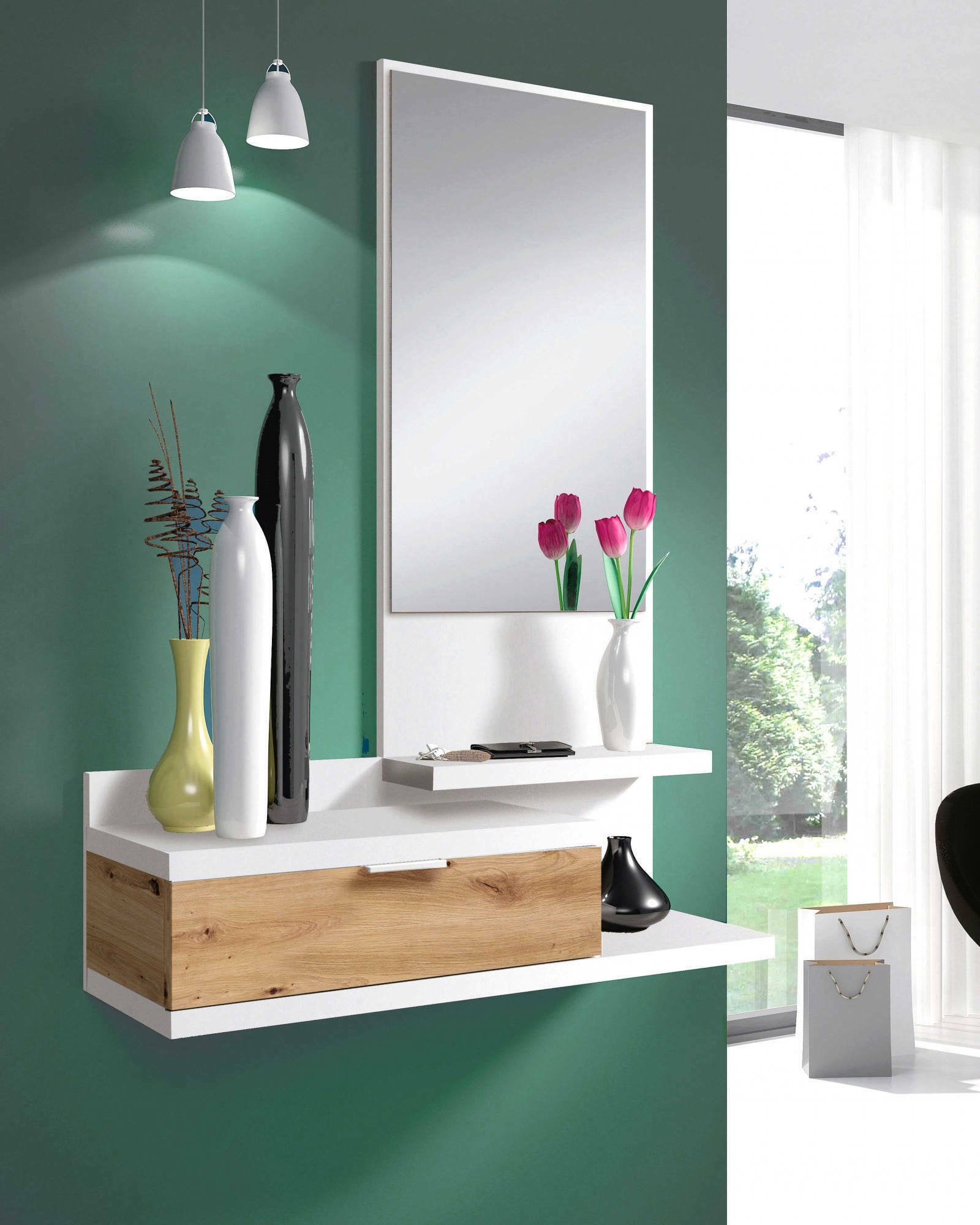 Mobile da ingresso Adina, Entratina con specchio, Mobile per atrio con cassetto, Svuotatasche per piccoli appartamenti, cm 81x29h116, Bianco e Rovere nodi