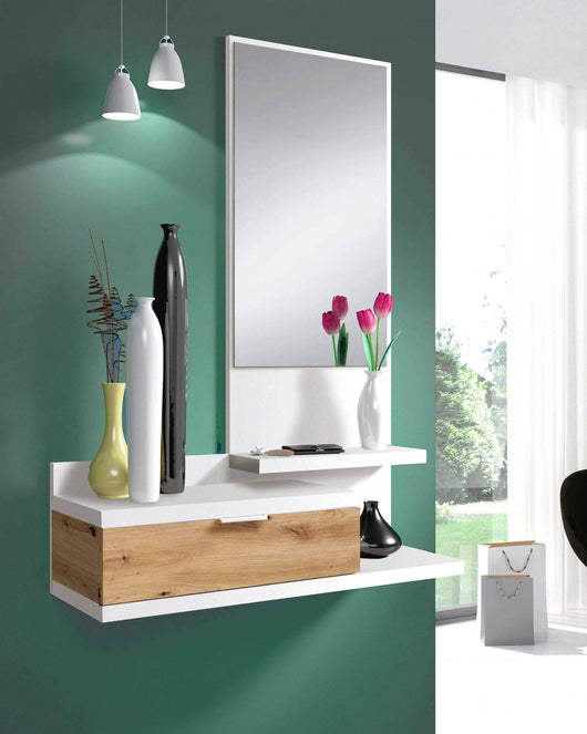 Mobile da ingresso Adina, Entratina con specchio, Mobile per atrio con cassetto, Svuotatasche per piccoli appartamenti, cm 81x29h116, Bianco e Rovere nodi