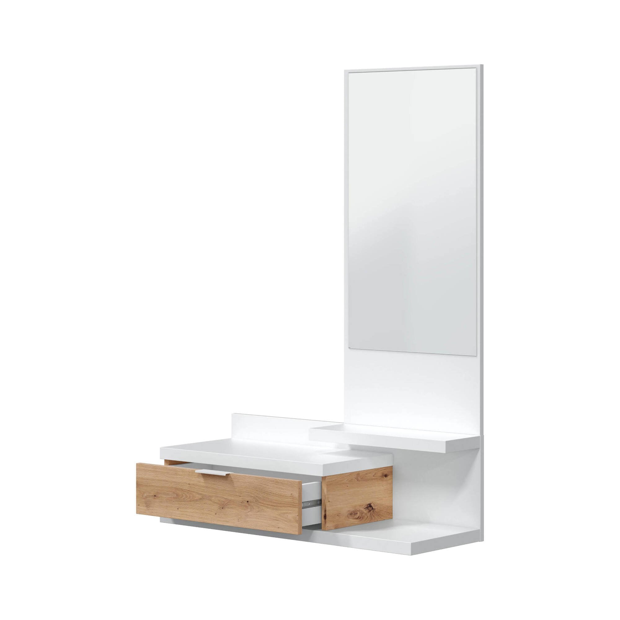 Mobile da ingresso Adina, Entratina con specchio, Mobile per atrio con cassetto, Svuotatasche per piccoli appartamenti, cm 81x29h116, Bianco e Rovere nodi