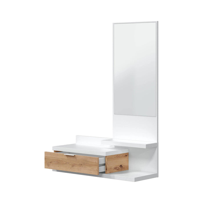 Mobile da ingresso Adina, Entratina con specchio, Mobile per atrio con cassetto, Svuotatasche per piccoli appartamenti, cm 81x29h116, Bianco e Rovere nodi