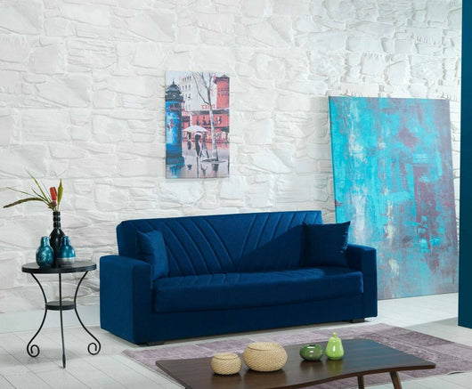 Divano letto Adda, Divano letto contenitore a 3 posti lineare con 2 cuscini inclusi, SofÒ  da soggiorno in tessuto imbottito con apertura click-clack, 214x81xh89 cm, Blu