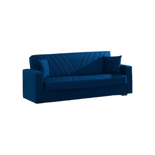 Divano letto Adda, Divano letto contenitore a 3 posti lineare con 2 cuscini inclusi, SofÒ  da soggiorno in tessuto imbottito con apertura click-clack, 214x81xh89 cm, Blu