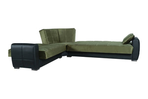 Divano letto Gaillardia, Divano letto contenitore ad angolo in ecopelle e tessuto, SofÒ  da soggiorno con apertura click-clack e penisola reversibile, 305x238h91 cm, Nero e Grigio Scuro