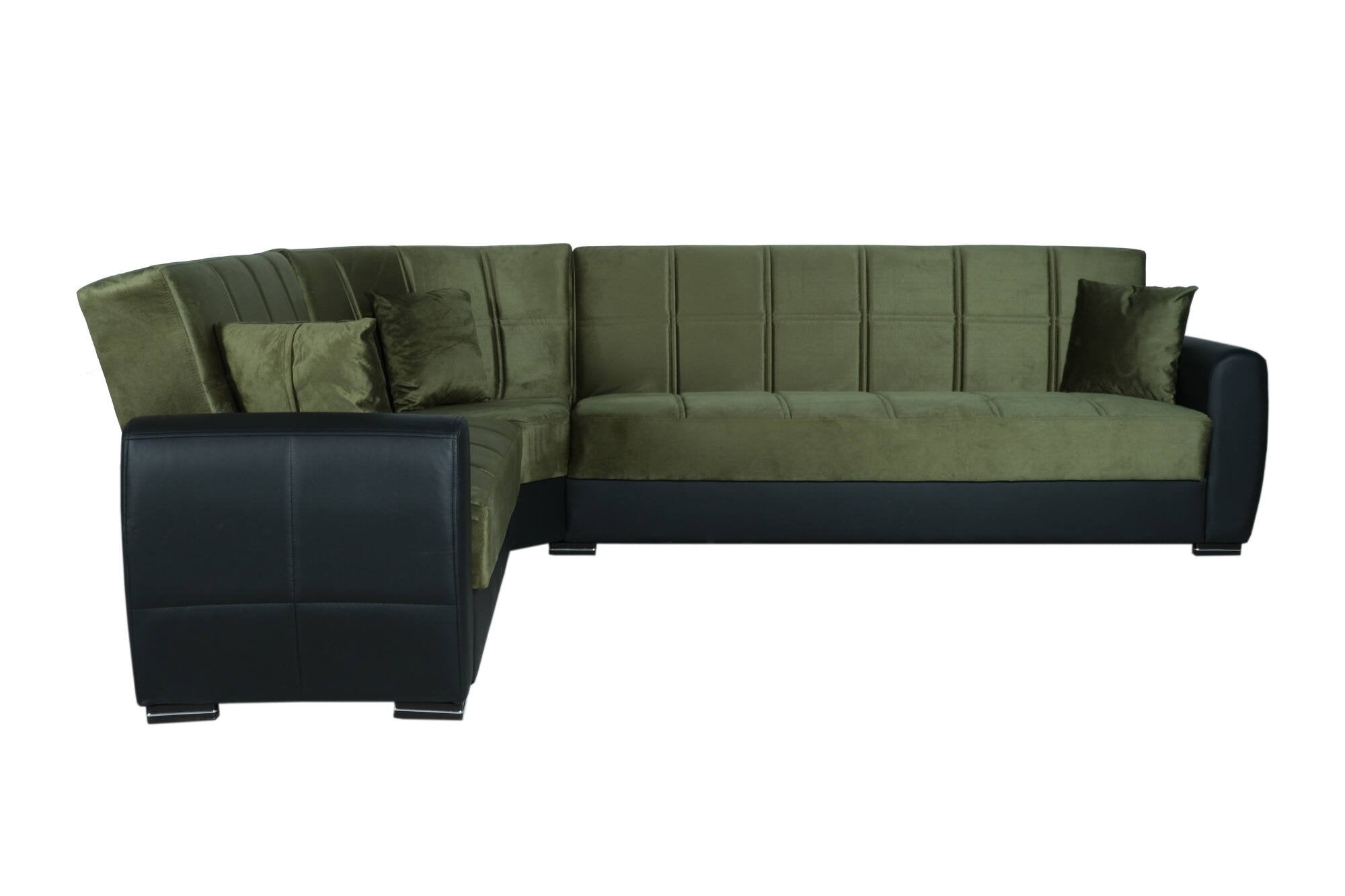 Divano letto Gaillardia, Divano letto contenitore ad angolo in ecopelle e tessuto, SofÒ  da soggiorno con apertura click-clack e penisola reversibile, 305x238h91 cm, Nero e Grigio Scuro