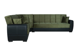 Divano letto Gaillardia, Divano letto contenitore ad angolo in ecopelle e tessuto, SofÒ  da soggiorno con apertura click-clack e penisola reversibile, 305x238h91 cm, Nero e Grigio Scuro