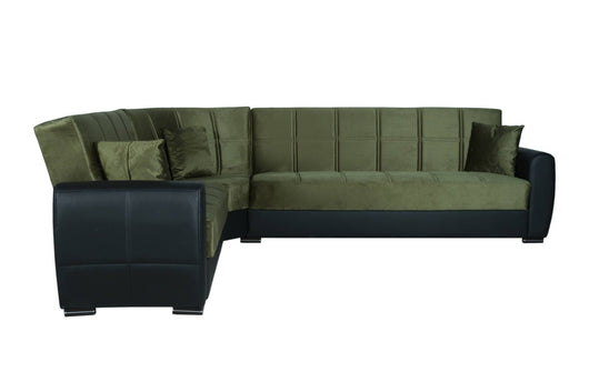 Divano letto Gaillardia, Divano letto contenitore ad angolo in ecopelle e tessuto, SofÒ  da soggiorno con apertura click-clack e penisola reversibile, 305x238h91 cm, Nero e Grigio Scuro