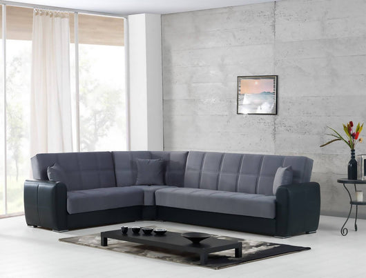 Divano letto Gaillardia, Divano letto contenitore ad angolo in ecopelle e tessuto, SofÒ  da soggiorno con apertura click-clack e penisola reversibile, 305x238h91 cm, Nero e Grigio