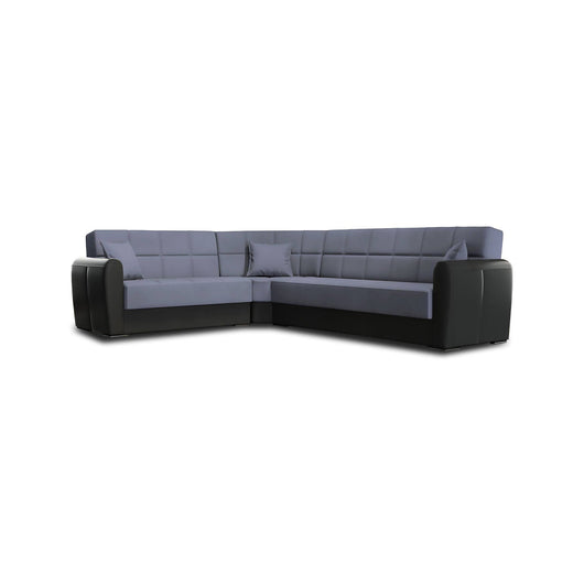 Divano letto Gaillardia, Divano letto contenitore ad angolo in ecopelle e tessuto, SofÒ  da soggiorno con apertura click-clack e penisola reversibile, 305x238h91 cm, Nero e Grigio