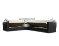 Divano letto Gaillardia, Divano letto contenitore ad angolo in ecopelle e tessuto, SofÒ  da soggiorno con apertura click-clack e penisola reversibile, 305x238h91 cm, Nero e Grigio Chiaro