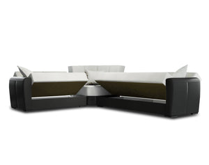 Divano letto Gaillardia, Divano letto contenitore ad angolo in ecopelle e tessuto, SofÒ  da soggiorno con apertura click-clack e penisola reversibile, 305x238h91 cm, Nero e Grigio Chiaro