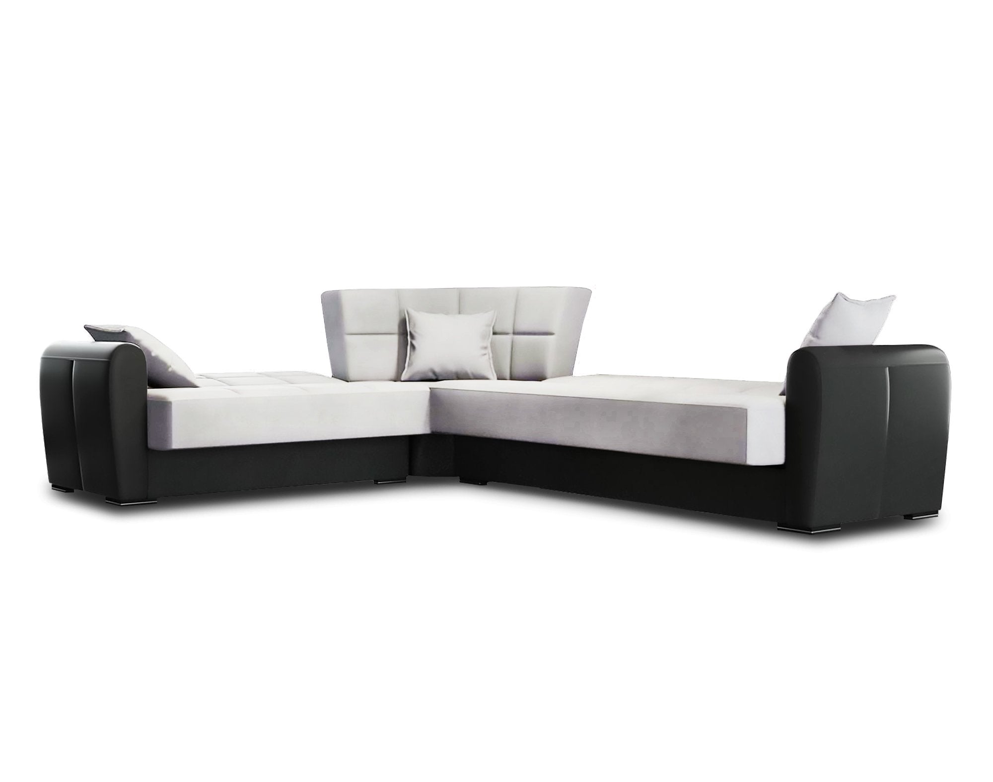 Divano letto Gaillardia, Divano letto contenitore ad angolo in ecopelle e tessuto, SofÒ  da soggiorno con apertura click-clack e penisola reversibile, 305x238h91 cm, Nero e Grigio Chiaro