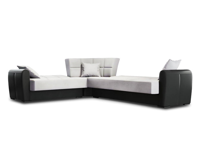 Divano letto Gaillardia, Divano letto contenitore ad angolo in ecopelle e tessuto, SofÒ  da soggiorno con apertura click-clack e penisola reversibile, 305x238h91 cm, Nero e Grigio Chiaro
