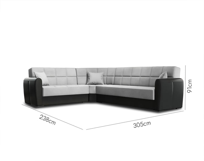 Divano letto Gaillardia, Divano letto contenitore ad angolo in ecopelle e tessuto, SofÒ  da soggiorno con apertura click-clack e penisola reversibile, 305x238h91 cm, Nero e Grigio Chiaro