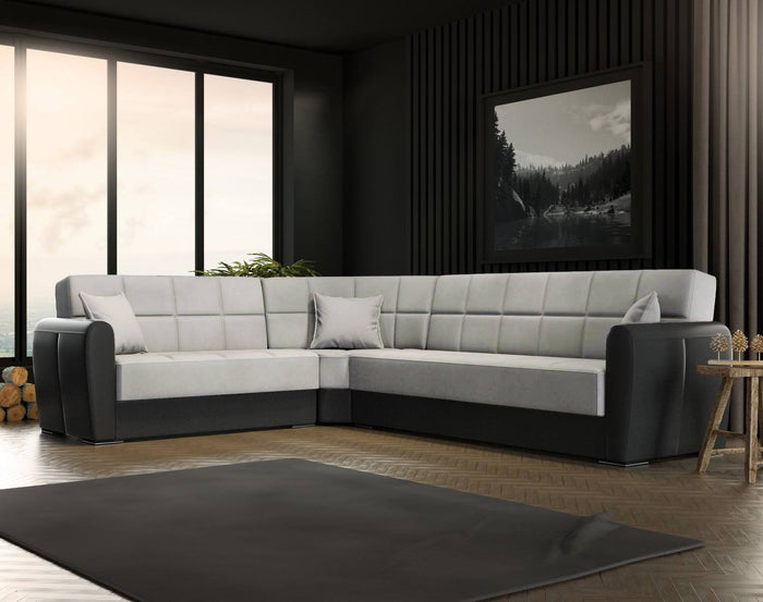 Divano letto Gaillardia, Divano letto contenitore ad angolo in ecopelle e tessuto, SofÒ  da soggiorno con apertura click-clack e penisola reversibile, 305x238h91 cm, Nero e Grigio Chiaro