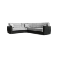 Divano letto Gaillardia, Divano letto contenitore ad angolo in ecopelle e tessuto, SofÒ  da soggiorno con apertura click-clack e penisola reversibile, 305x238h91 cm, Nero e Grigio Chiaro