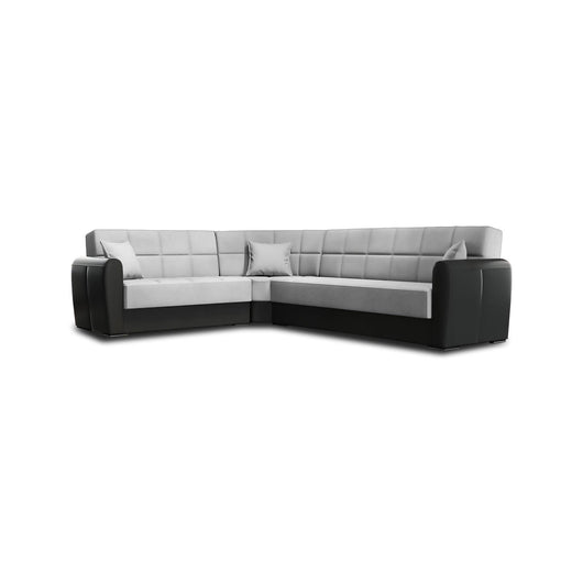 Divano letto Gaillardia, Divano letto contenitore ad angolo in ecopelle e tessuto, SofÒ  da soggiorno con apertura click-clack e penisola reversibile, 305x238h91 cm, Nero e Grigio Chiaro
