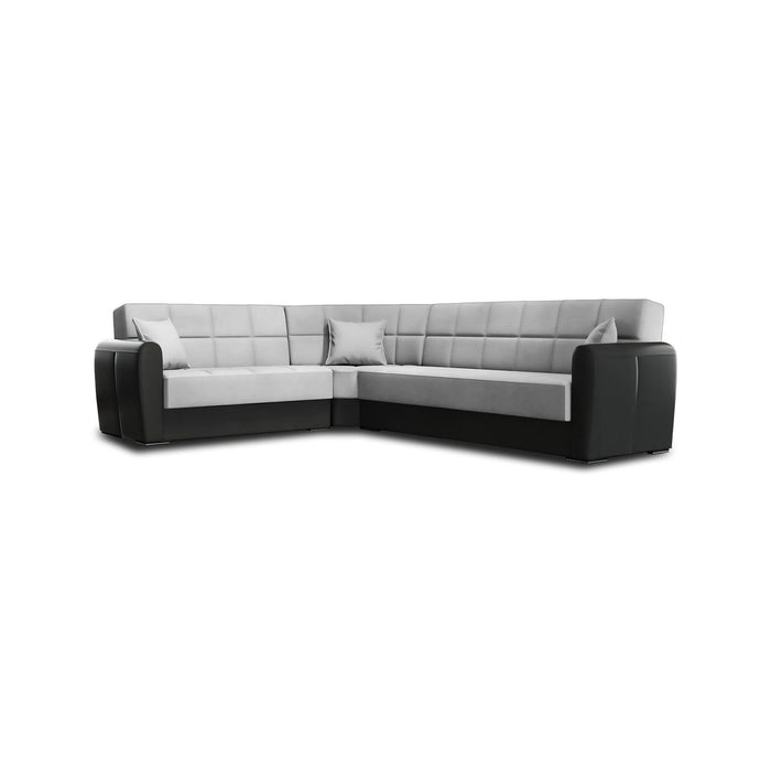 Divano letto Gaillardia, Divano letto contenitore ad angolo in ecopelle e tessuto, SofÒ  da soggiorno con apertura click-clack e penisola reversibile, 305x238h91 cm, Nero e Grigio Chiaro