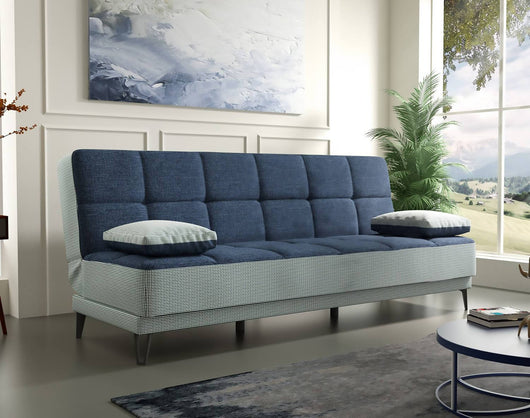 Divano letto Aborigeni, Divano letto a 3 posti con piedini in metallo nero , SofÒ  da soggiorno in tessuto imbottito con apertura click-clack, 190x87h97 cm, Grigio e Blu