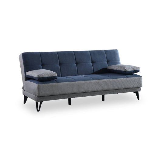 Divano letto Aborigeni, Divano letto a 3 posti con piedini in metallo nero , SofÒ  da soggiorno in tessuto imbottito con apertura click-clack, 190x87h97 cm, Grigio e Blu