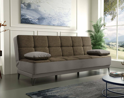 Divano letto Aborigeni, Divano letto a 3 posti con piedini in metallo nero , SofÒ  da soggiorno in tessuto imbottito con apertura click-clack, 190x87h97 cm, Grigio E Marrone